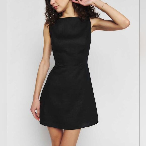 Reformation Zenni Mini Dress Sz 6 Black Boat Neck V-back A-line Skirt - Picture 1 of 7